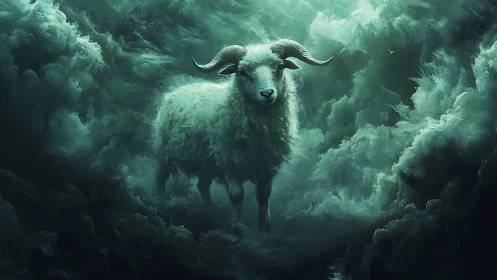 Horned white sheep stands in swirling teal storm clouds.