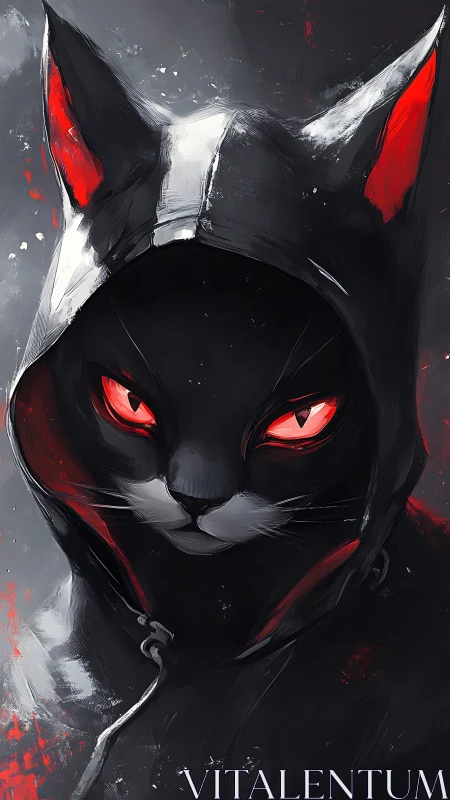 Midnight rogue cat in a hood of ember-lit shadows.