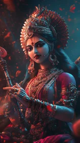 Divine goddess figure in ornate red and gold regalia.