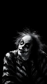 Creepy black and white clown portrait in dark background.