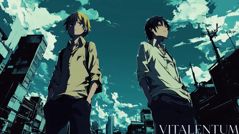 Two teens stand in high-contrast urban alley under dramatic sky