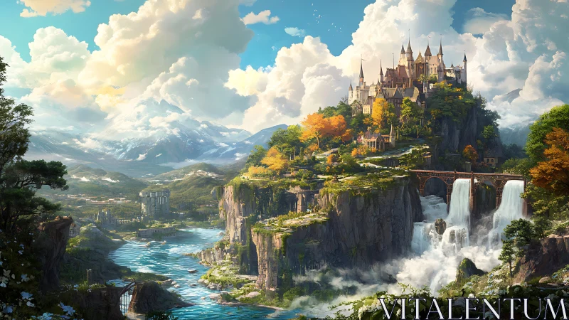 Sunlit cliffside castle watches over a serene fantasy valley