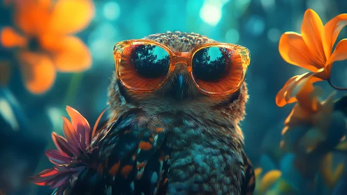 Stylish Owl Wearing Sunglasses in Vibrant Floral Setting.