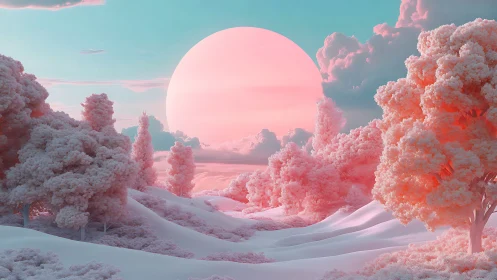 Cotton-candy forest beneath oversized pastel sunscape.