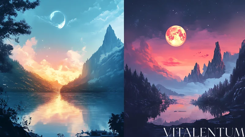 Twin fantasy lakes glow under moonlit and sunlit skies