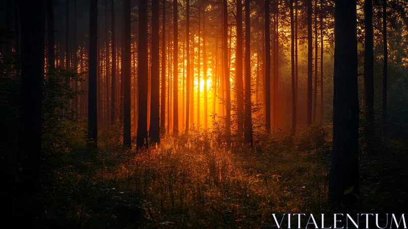 Golden Sunrise Through Forest Trees