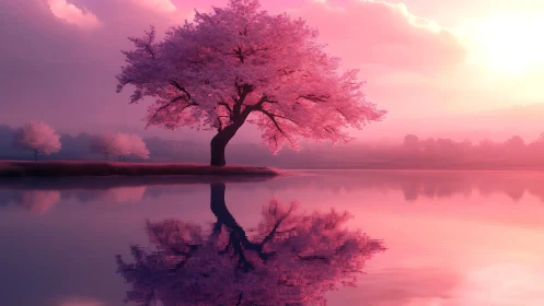 Solitary cherry tree reflects in luminous pink twilight lake