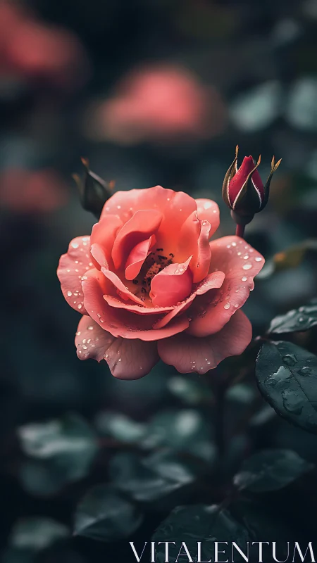Coral Rose with Dewdrops Blooming Against Dark Foliage.