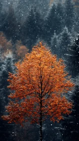 Solitary amber tree glows warmly amid first winter snowfall