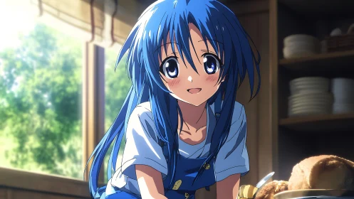 Blue haired anime girl in kitchen wearing apron smiling.