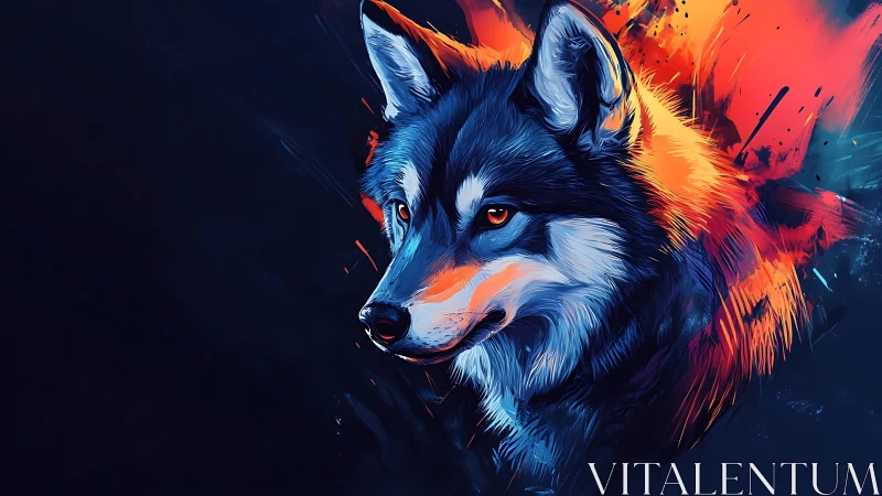 Neon wolf portrait explodes through dark abstract flames.