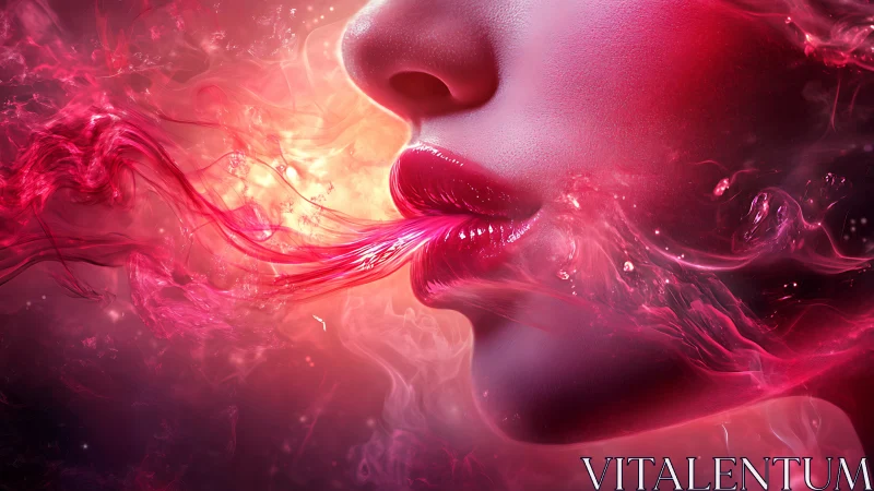Surreal red lips exhaling luminous flowing energy stream.