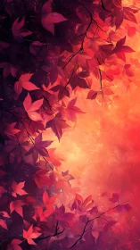 Crimson autumn foliage glows against radiant sunset haze.