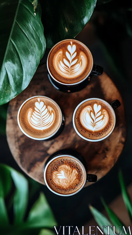 Latte art circle among lush green leaves and warm wood.