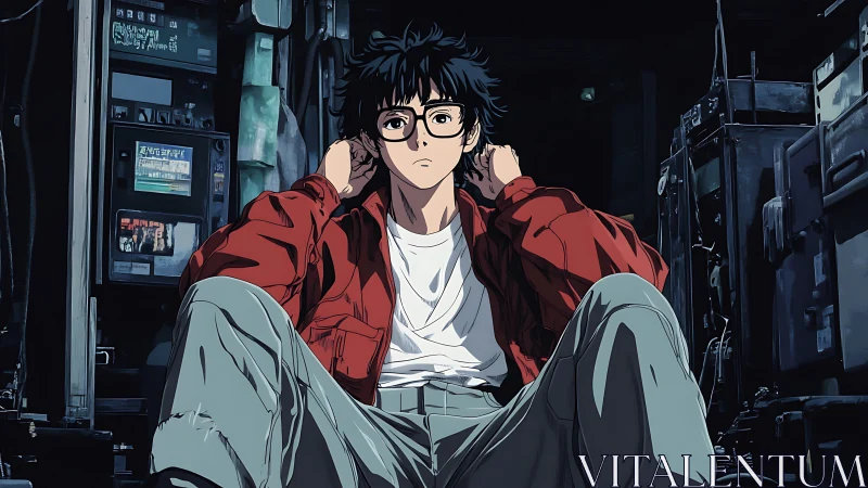 Quiet streetwise thinker rests in a neon-lit urban corner