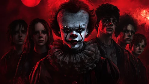 Sinister clown with bloodied youths in red horror scene.
