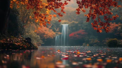 Autumn forest lake with soft-focus waterfall and maple canopy