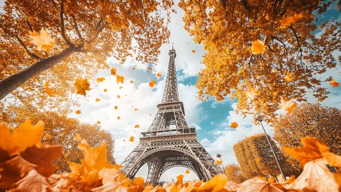 Eiffel Tower stands framed by autumn foliage and falling leaves