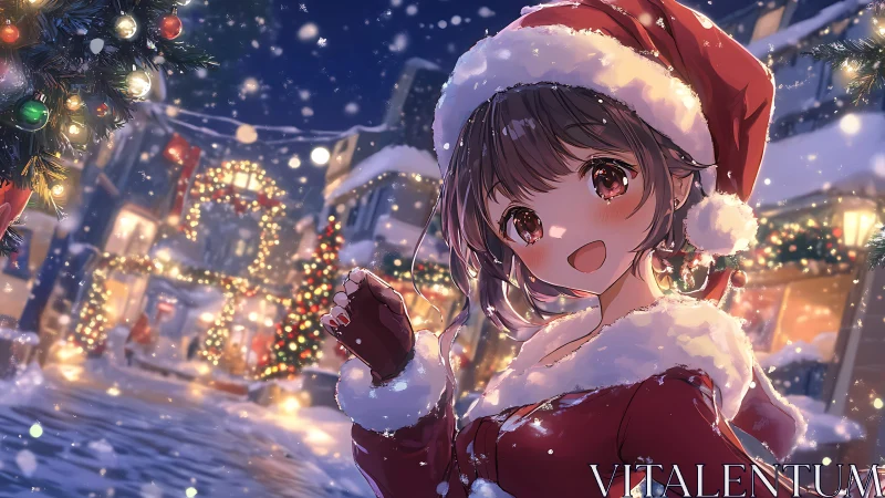 Anime girl in Santa outfit within illuminated snowy street scene