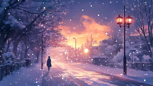 Solitary figure on snowy street at pastel winter sunset.