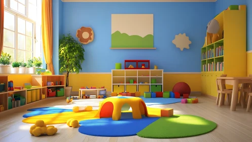 Organized kindergarten playroom with colorful furniture and toys.