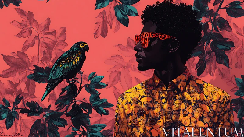 Chromatic profile study of man and parrot in tropical vector field.