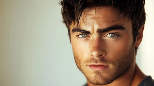 Intense close-up portrait of young man with green eyes.
