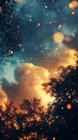 Magical forest canopy glowing with golden bokeh lights.