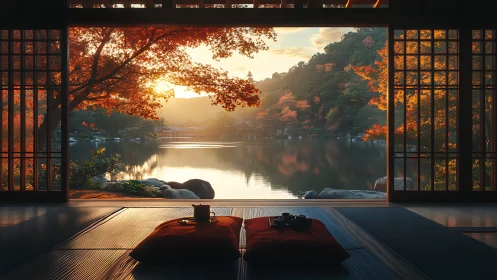Sunlit lakeside view from tranquil Japanese tatami room.