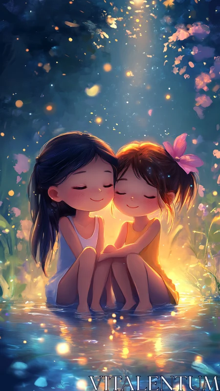 Backlit chibi girls in shallow water with volumetric bloom lighting