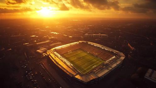 Golden sunset bathes crowded football stadium in warm light