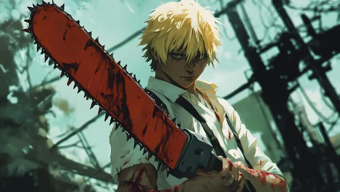 Bloodstained blonde fighter grips massive chainsaw blade.