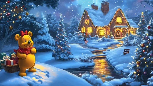 Cartoon bear in illuminated snowy Christmas cottage landscape
