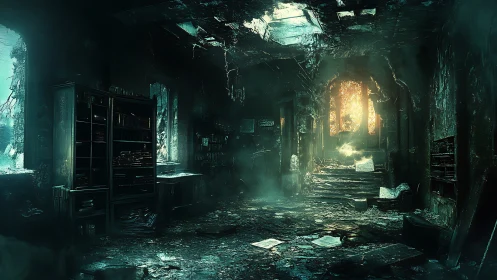 Ruined library interior lit by distant burning doorway.
