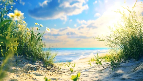 Sunlit coastal dunes with wildflowers beside calm sea.