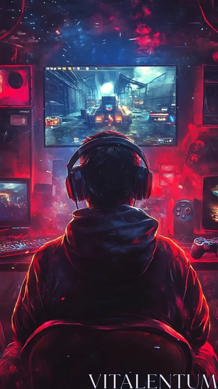 Nighttime gamer settles into a neon-lit world of adventure