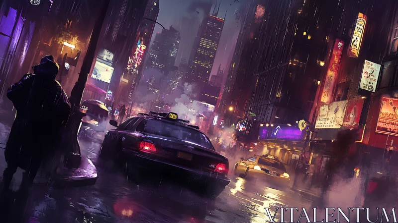 Rain-soaked neon street frames taxi chase through city