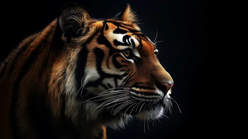 Tiger head rendered in detailed side profile against black