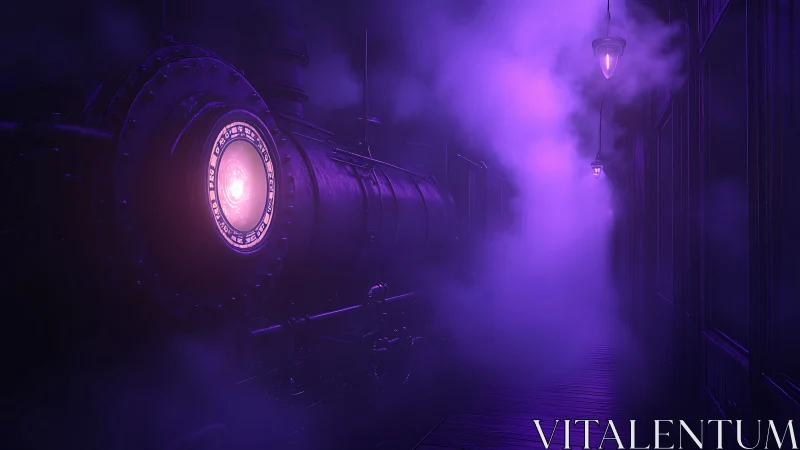 Steam locomotive headlight glows through dense purple fog