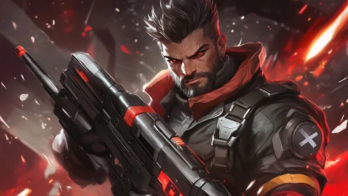 Heavily armed futuristic soldier grips rifle in combat stance