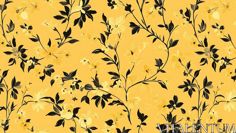 Gold floral pattern with black silhouetted botanical stems.