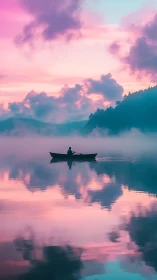 Solitary rowboat on misty lake under pastel twilight sky