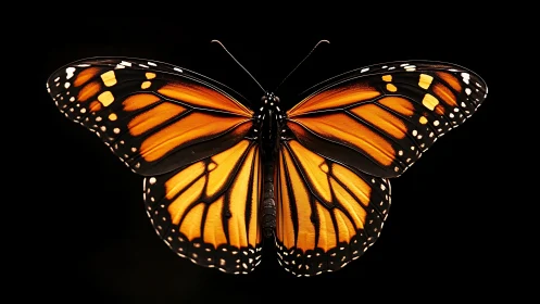 Monarch butterfly wings glowing against deep black backdrop.