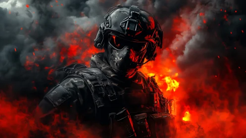 Armored tactical soldier in flames and dense black smoke.
