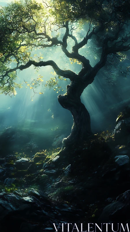 Solitary gnarled tree in dense forest under angled light.