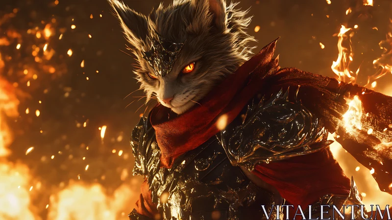 Armored feline warrior in flames with glowing orange eyes.