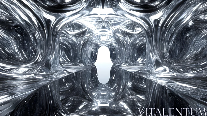 Futuristic Metallic Tunnel with Abstract Organic Forms in 3D.