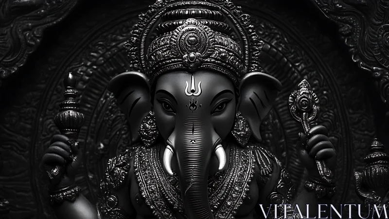 Monochrome Ganesha sculpture with ornate headdress and arms.