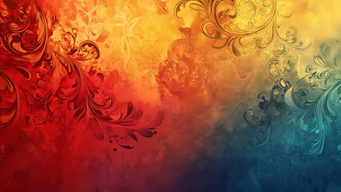 Floral filigree swirls divide warm and cool color fields