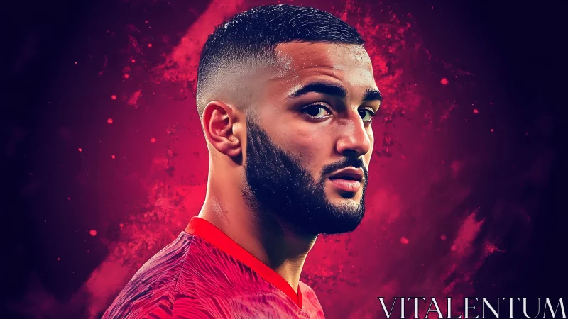 Digital portrait of footballer against vivid red backdrop.